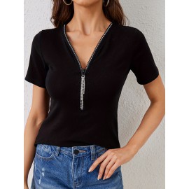 Rhine Stones Tasseled Zipper Loose Short Sleeves V-Neck T-Shirts Tops