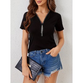 Rhine Stones Tasseled Zipper Loose Short Sleeves V-Neck T-Shirts Tops