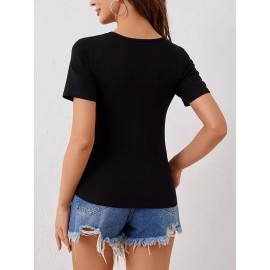 Rhine Stones Tasseled Zipper Loose Short Sleeves V-Neck T-Shirts Tops