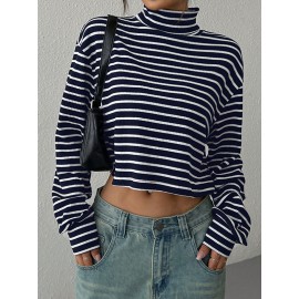 Contrast Color Split-Joint Striped Long Sleeves Loose High Neck T-Shir