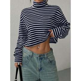 Contrast Color Split-Joint Striped Long Sleeves Loose High Neck T-Shir