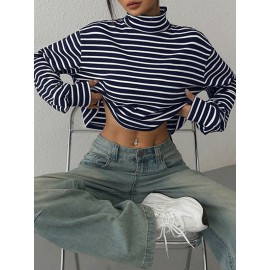 Contrast Color Split-Joint Striped Long Sleeves Loose High Neck T-Shir