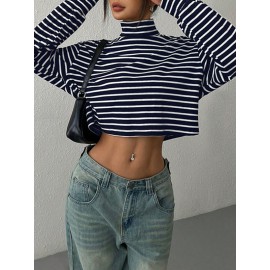 Contrast Color Split-Joint Striped Long Sleeves Loose High Neck T-Shir