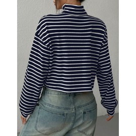 Contrast Color Split-Joint Striped Long Sleeves Loose High Neck T-Shir