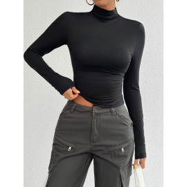 Solid Color Long Sleeves Skinny High Neck T-Shirts Tops