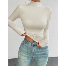 Solid Color Long Sleeves Skinny High Neck T-Shirts Tops