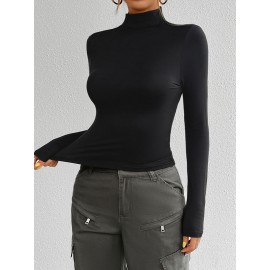 Solid Color Long Sleeves Skinny High Neck T-Shirts Tops