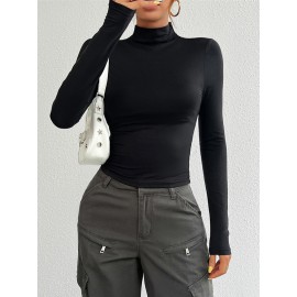 Solid Color Long Sleeves Skinny High Neck T-Shirts Tops