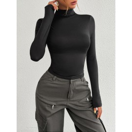 Solid Color Long Sleeves Skinny High Neck T-Shirts Tops