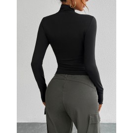 Solid Color Long Sleeves Skinny High Neck T-Shirts Tops