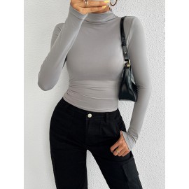 Solid Color Long Sleeves Skinny High Neck T-Shirts Tops