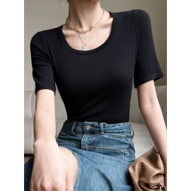 Solid Color Short Sleeves Skinny Round-Neck T-Shirts Tops