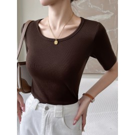 Solid Color Short Sleeves Skinny Round-Neck T-Shirts Tops