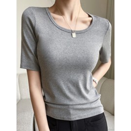 Solid Color Short Sleeves Skinny Round-Neck T-Shirts Tops