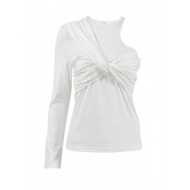 Asymmetric Knot Pleated Solid Color Long Sleeves Skinny Round-Neck T-S