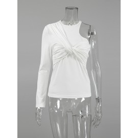 Asymmetric Knot Pleated Solid Color Long Sleeves Skinny Round-Neck T-S
