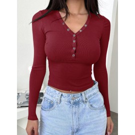 Buttoned Solid Color Long Sleeves Skinny V-Neck T-Shirts Tops