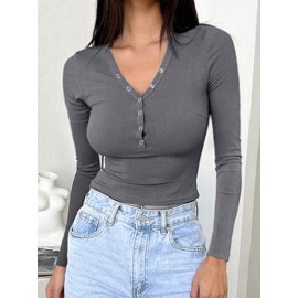 Buttoned Solid Color Long Sleeves Skinny V-Neck T-Shirts Tops