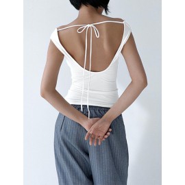 Backless Lace-Up See-Through Solid Color Split-Joint Loose Skinny Off-