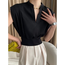 Pleated Shoulder Pad Solid Color Loose Sleeveless V-Neck T-Shirts Tops