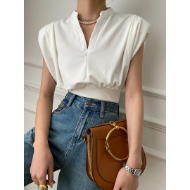 Pleated Shoulder Pad Solid Color Loose Sleeveless V-Neck T-Shirts Tops