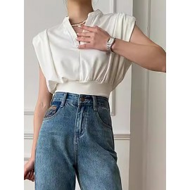 Pleated Shoulder Pad Solid Color Loose Sleeveless V-Neck T-Shirts Tops