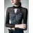 Hollow Knot Letter Print Split-Joint Long Sleeves Skinny Mock Neck T-S