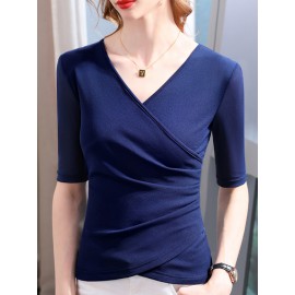 Asymmetric Pleated Solid Color Split-Joint Half Sleeves Plus Size V-Ne
