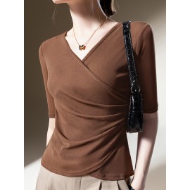 Asymmetric Pleated Solid Color Split-Joint Half Sleeves Plus Size V-Ne
