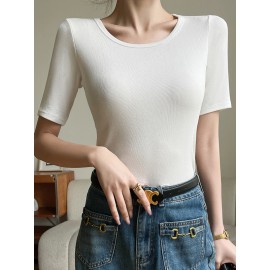Solid Color Short Sleeves Skinny Square-neck T-Shirts Tops