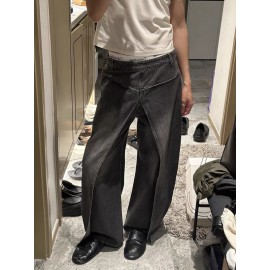 Pockets Reversible False Two Wide Leg Jean Pants Bottoms