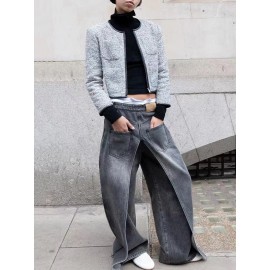 Pockets Reversible False Two Wide Leg Jean Pants Bottoms