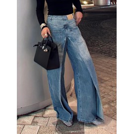 Pockets Reversible False Two Wide Leg Jean Pants Bottoms