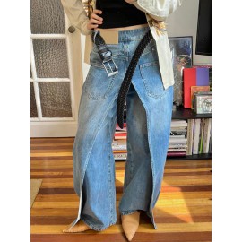 Pockets Reversible False Two Wide Leg Jean Pants Bottoms