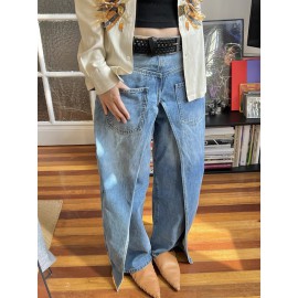 Pockets Reversible False Two Wide Leg Jean Pants Bottoms
