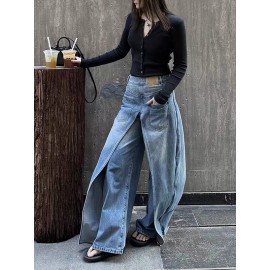 Pockets Reversible False Two Wide Leg Jean Pants Bottoms