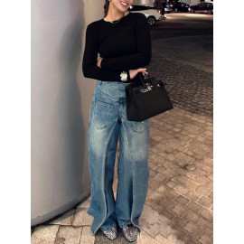 Pockets Reversible False Two Wide Leg Jean Pants Bottoms
