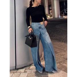 Pockets Reversible False Two Wide Leg Jean Pants Bottoms