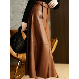 Belted Buttoned Pockets Solid Color Split-Joint Zipper A-line High Wai