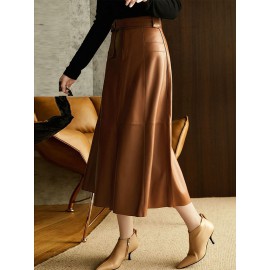 Belted Buttoned Pockets Solid Color Split-Joint Zipper A-line High Wai