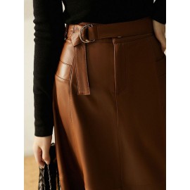 Belted Buttoned Pockets Solid Color Split-Joint Zipper A-line High Wai