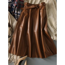 Belted Buttoned Pockets Solid Color Split-Joint Zipper A-line High Wai