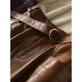 Belted Buttoned Pockets Solid Color Split-Joint Zipper A-line High Wai
