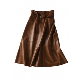 Belted Buttoned Pockets Solid Color Split-Joint Zipper A-line High Wai