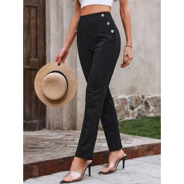 Buttoned Elasticity Solid Color Split-Joint High Waisted Loose Trouser