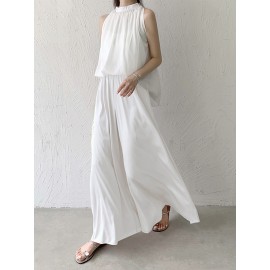 Elasticity Pleated Solid Color Split-Joint High Waisted Loose Trousers