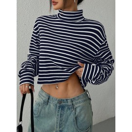 Contrast Color Split-Joint Striped Long Sleeves Loose High Neck T-Shir