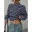 Contrast Color Split-Joint Striped Long Sleeves Loose High Neck T-Shir
