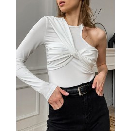 Asymmetric Knot Pleated Solid Color Long Sleeves Skinny Round-Neck T-S