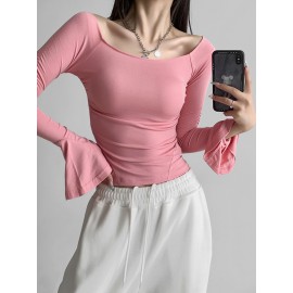Pleated Solid Color Flared Sleeves Long Sleeves Boat Neck T-Shirts Top